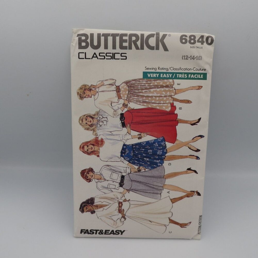 Butterick 6840 Skirts Sewing Pattern Size 12-14-16 Fast & Easy 1980s
